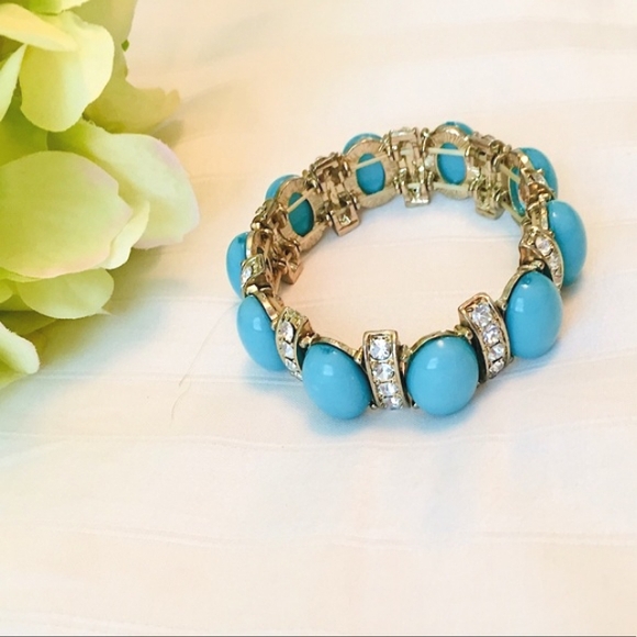 Gold Turquoise Rhinestone Stretch Bracelet - Picture 2 of 7